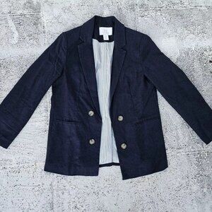 H by Halston Women Blazer Blue Navy Linen Blend Open Front jacket Size M